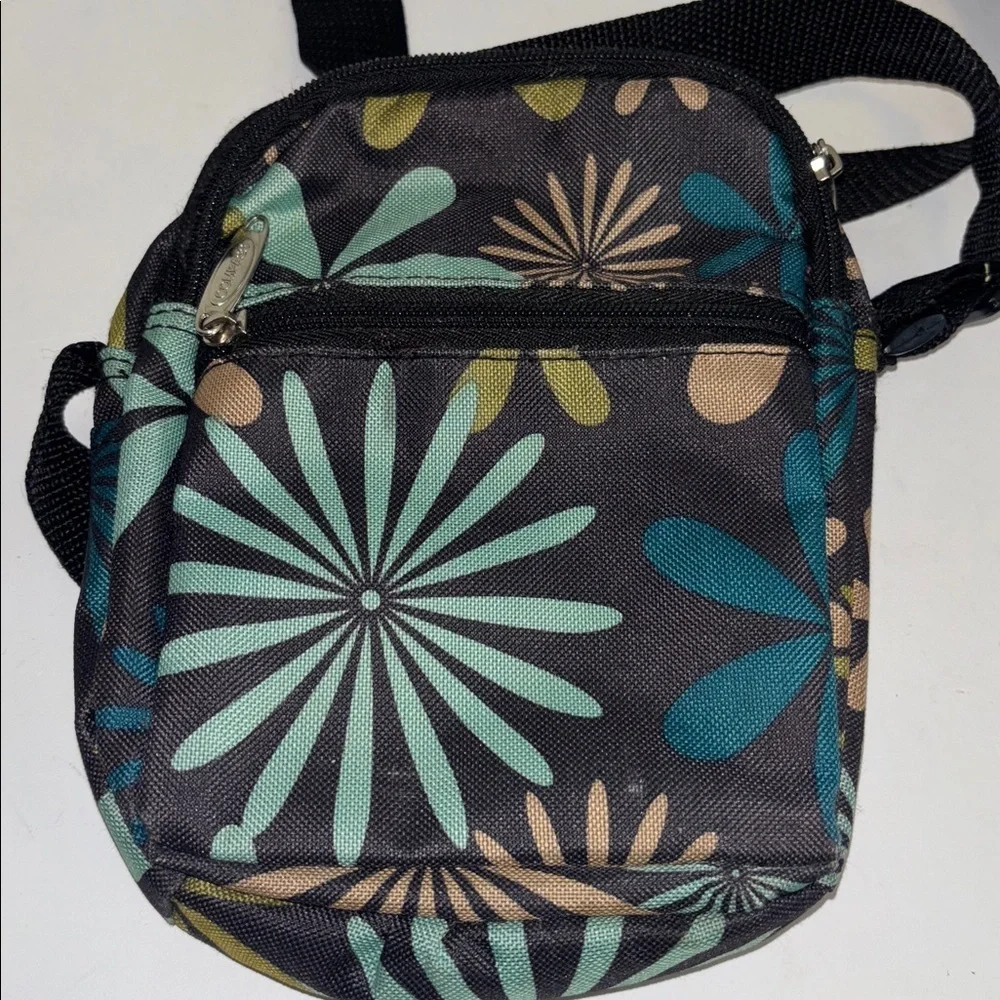 COMPASS CANVAS / NYLON CROSSBODY BAG BROWN GOLD BLUE FLORAL DESIGN MANY POCKETS